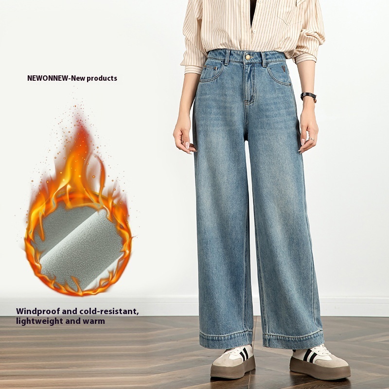 High-Waist Blue Denim Cropped Jeans with Wool Lining 8