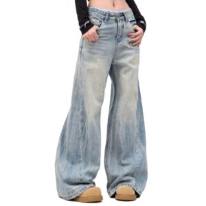 Women's High Waisted Wide Leg Blue Jeans, 90% Cotton