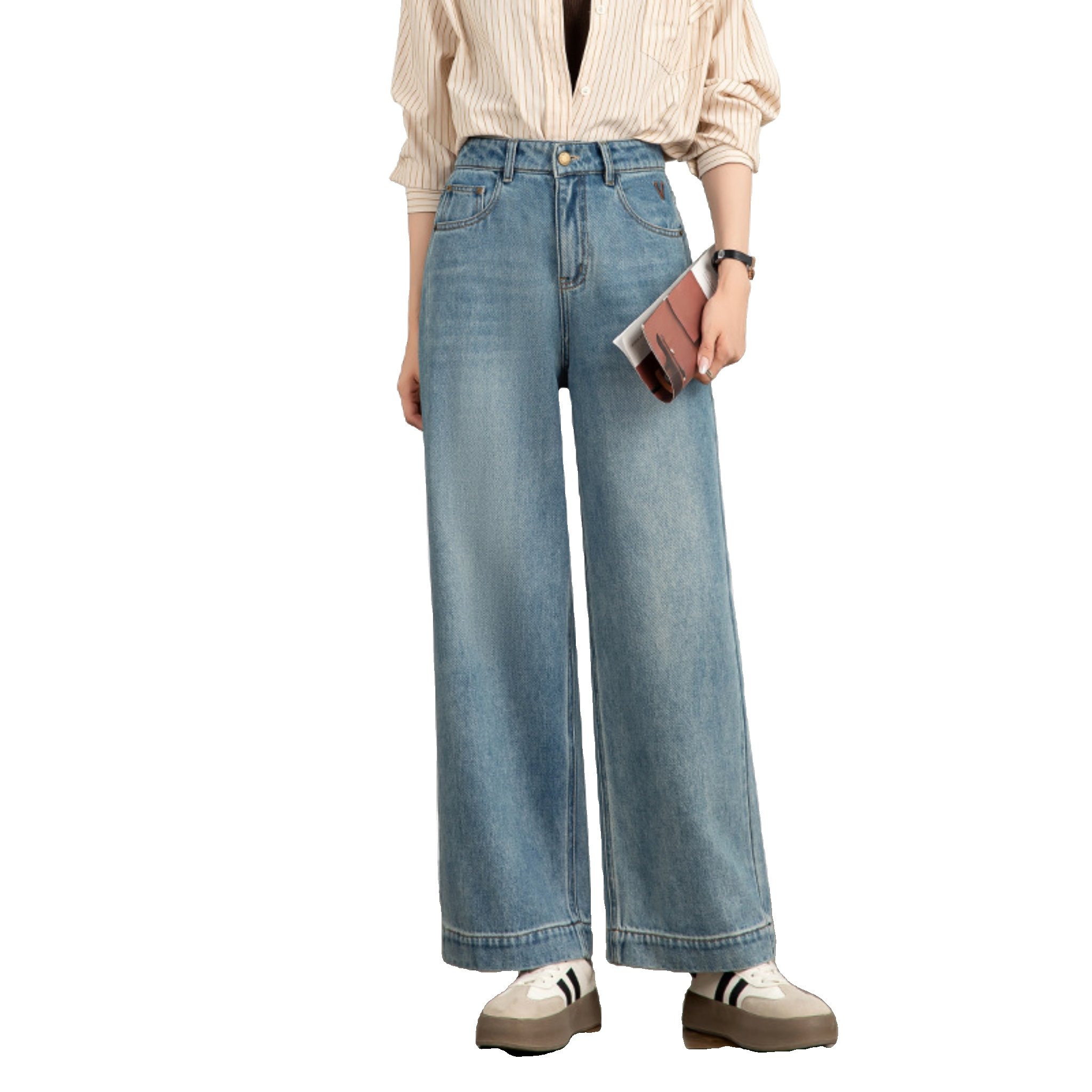 High-Waist Blue Denim Cropped Jeans with Wool Lining 1